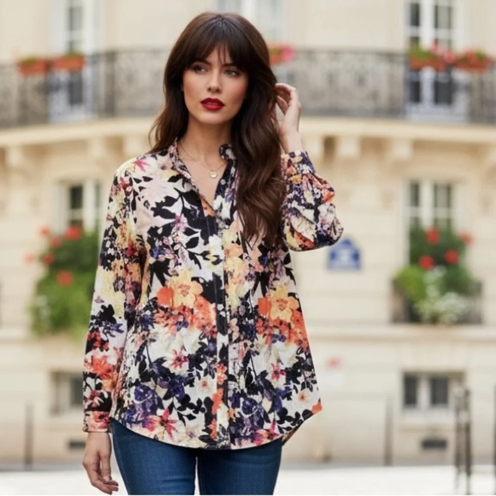 Signature Collection Floral Ruffle Neck Cotton Blouse Size 14 - Picture 1 of 7